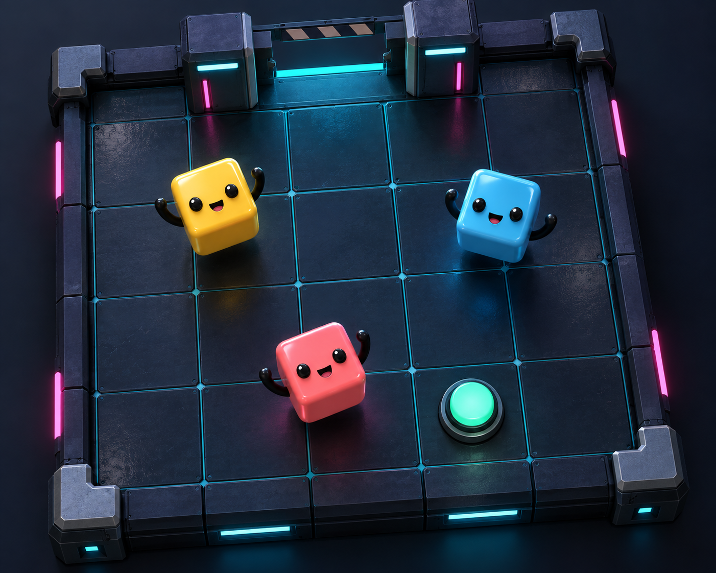 Three glossy hovering parcel characters looking up from a steep near-overhead depot board with an open three-tile gate and floor control