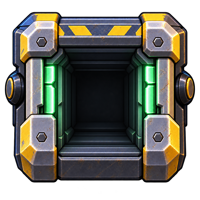 Open chunky depot gate with green lights